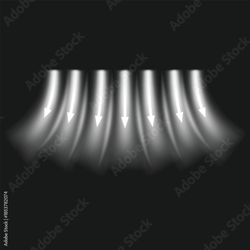 White curved arrows pointing downwards, airflow, purification, transparent effect.