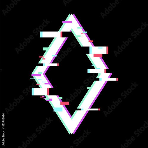 Abstract diamond glitch frame with rgb channel shift and digital noise, creating a disrupted data stream and empty space for content in a futuristic, cyberpunk style background
