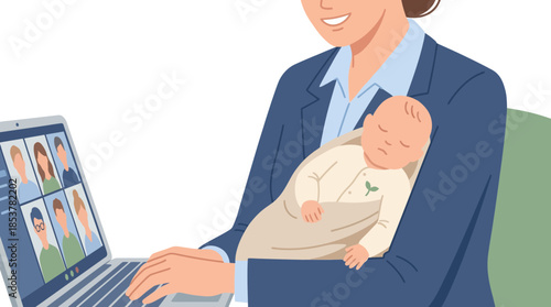 Mother with Baby Participating in Virtual Meeting Using Laptop and Smartphone in a Digital Home Office
