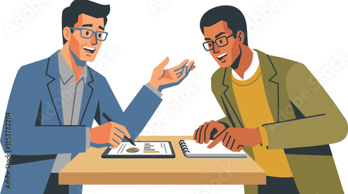 Illustration of two business professionals engaged in discussion with documents and notebooks on a desk in a modern work environment with vibrant