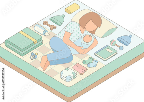 Adorable mother and baby sleeping peacefully on a soft mattress surrounded by baby care essentials in a cozy nursery setting with a transparent