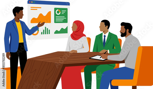 Business Presentation with Diverse Team Analyzing Data and Graphs in Modern Conference Room