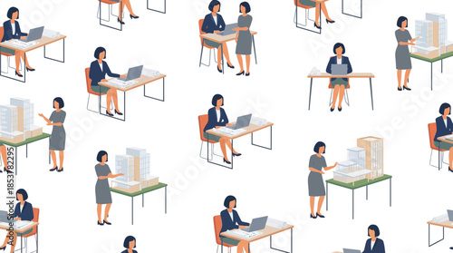 Businesswomen and architects collaborating on architectural models and laptops in a modern office setting with transparent background