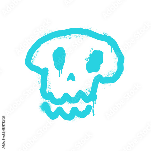 Skull symbol depicted in a distinct spray paint style with dripping effects, representing urban art, rebellion, danger, or a warning, standing out brightly against a clean white background