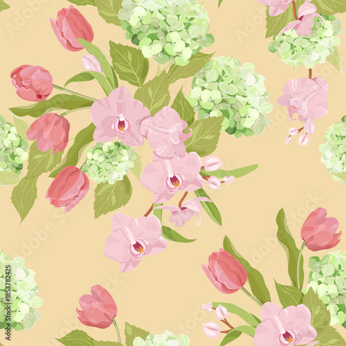 Orchids, tulips and  hydrangeas   on a beige backdrop create a seamless vector illustration that would be perfect for decorating textiles and packaging.