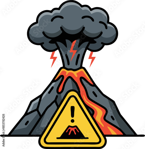 Volcanic Eruption Warning Icon with Lava Flow, Ash Cloud, and Hazard Alert Sign