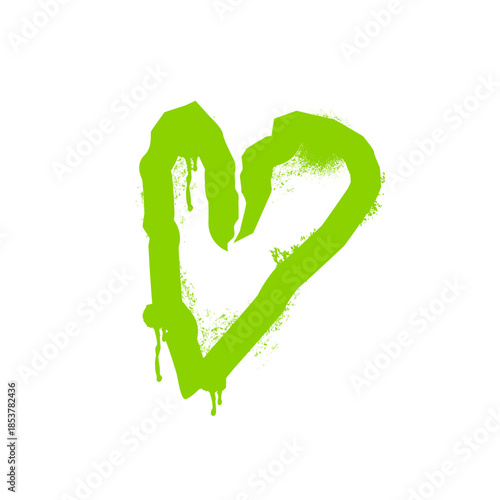 Green spray painted heart symbol on a white background, demonstrating urban art style with paint drips and a textured grunge effect, representing concepts of affection, passion, and creativity