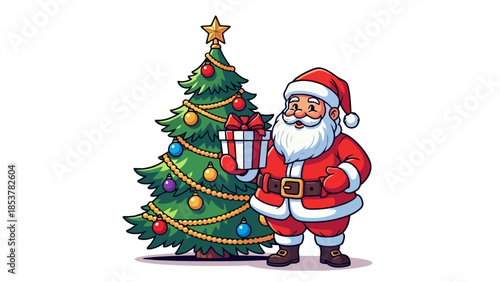 Adorable Santa Claus holding a gift next to a beautifully decorated Christmas tree, ready to spread holiday cheer
