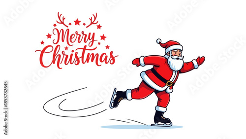 Merry Christmas Santa Claus ice skating, festive holiday greeting, seasonal winter fun, joy and cheer
