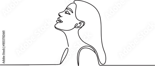 continuous line drawing of woman facing upwards, with calm mind, smiling and happy. single line vector illustration. one line Icon drawing