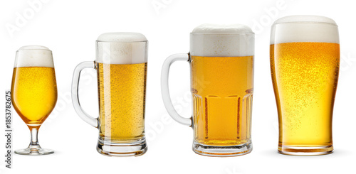 Bild auf Leinwand realistic photograph of a diverse assortment of fresh, cold golden beer in various mugs and glasses, each with a foamy head, isolated on black