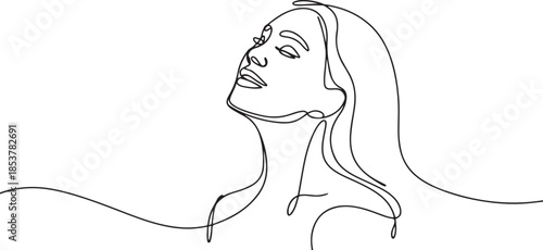 continuous line drawing of woman facing upwards, with calm mind, smiling and happy. single line vector illustration. one line Icon drawing