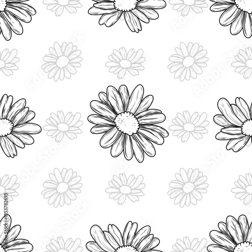Seamless vector pattern with black and white chamomile flowers on a white background. ideal for fabric, packaging, wrapping paper, decor, and stationery.