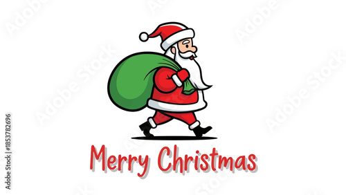 Festive Santa Claus Illustration with Gift Bag and "Merry Christmas" Greeting