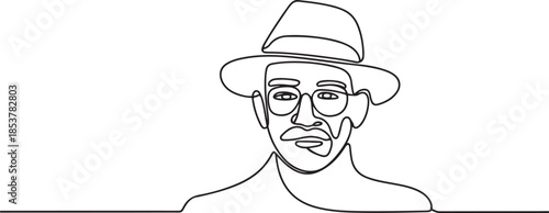continuous line old man portrait. one line vector of a person's face with a hat and glasses. one line Icon drawing