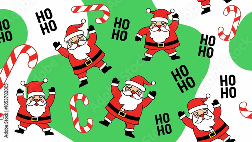 Festive Santa Claus Pattern Ho Ho Ho! Cheerful Holiday Design with Candy Canes for Christmas