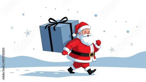 Santa Claus Carrying Gift Box in Snowy Landscape for Christmas Celebrations