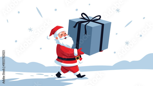 Santa Claus Carrying a Giant Gift Box in a Winter Wonderland Scene for Christmas Holiday