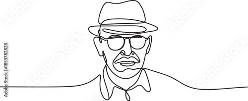 continuous line old man portrait. one line vector of a person's face with a hat and glasses. one line Icon drawing