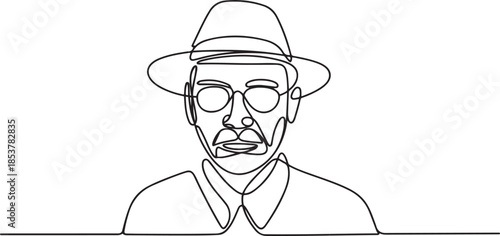 continuous line old man portrait. one line vector of a person's face with a hat and glasses. one line Icon drawing