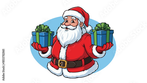 Merry Santa Claus holding two beautifully wrapped Christmas gifts, ready for holiday giving