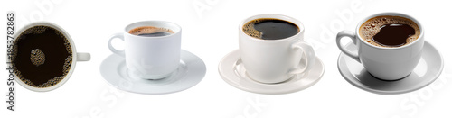 Photos realistic photograph of a classic collection of black coffee in white ceramic cups with matching saucers, viewed from multiple angles