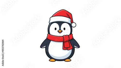Festive Penguin Cartoon Character Wearing a Santa Hat and Scarf