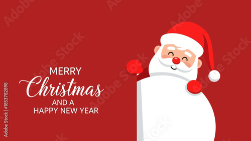 Merry Christmas and Happy New Year Greeting with Cartoon Santa Claus on Red Background