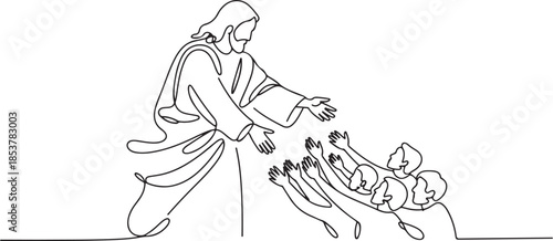 continuous line of God Jesus giving help. Sad people get Jesus' helping hand. one line Icon drawing