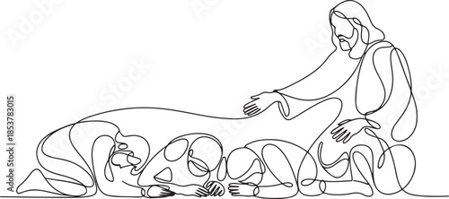 continuous line of God Jesus giving help. Sad people get Jesus' helping hand. one line Icon drawing
