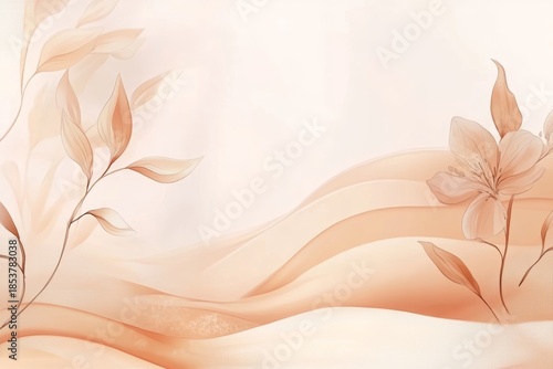 Elegant Abstract Background with Delicate Flowers, Petals, and Branches in Soft Peach Tones
