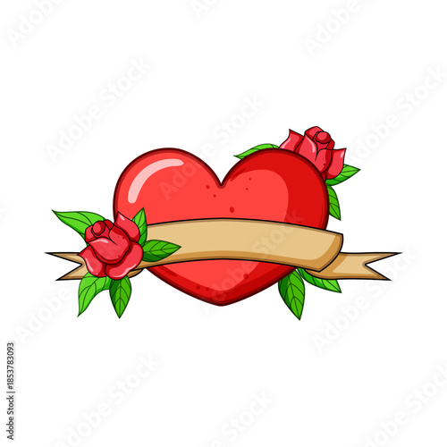 Red heart framed by blooming roses and a blank ribbon banner in classic old school tattoo style, vintage romantic emblem symbolizing love, devotion and passion on white background