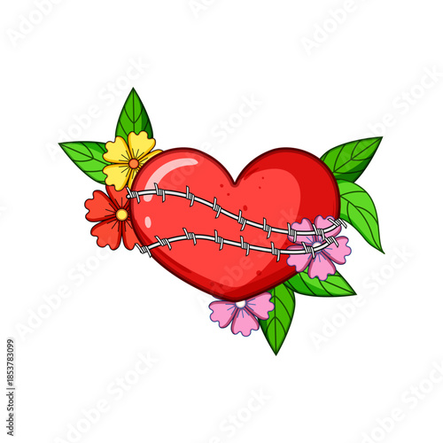 Cartoon character heart tightly wrapped with sharp barbed wire, nestled among vibrant flowers and green leaves, representing conflicting emotions of love, pain, strength, and healing