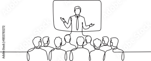 continuous line of public speaking.one line drawing of speaking in front of many people. one line Icon drawing