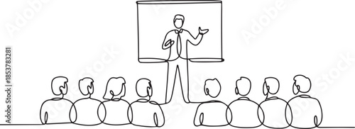 continuous line of public speaking.one line drawing of speaking in front of many people. one line Icon drawing