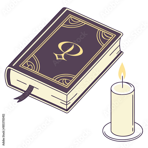 Ancient book beside lit candle