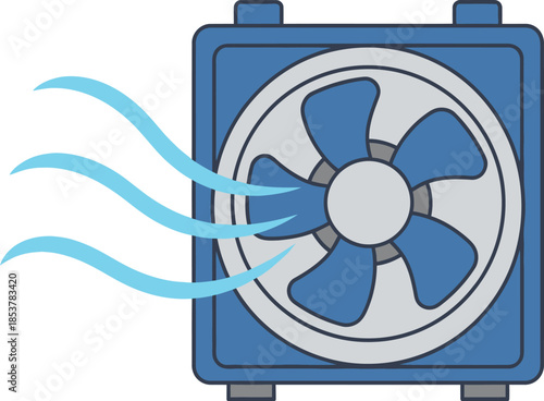 Simple illustration of a blue automotive radiator with a cooling fan