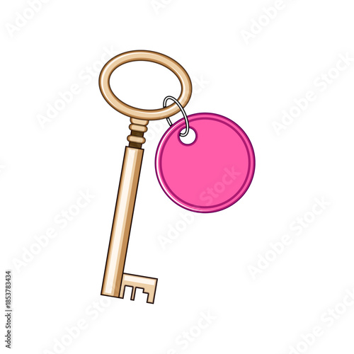Vintage style golden key with a blank pink circular tag is ideal for representing hotel accommodation, access, unlocking solutions, privacy, or guest services
