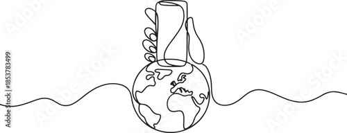 one continuous line of hands touching the cellphone and the world.one line drawing of technology opening world information with cellphones. one line Icon drawing
