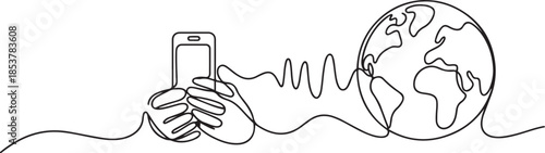 one continuous line of hands touching the cellphone and the world.one line drawing of technology opening world information with cellphones. one line Icon drawing