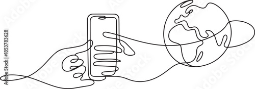 one continuous line of hands touching the cellphone and the world.one line drawing of technology opening world information with cellphones. one line Icon drawing
