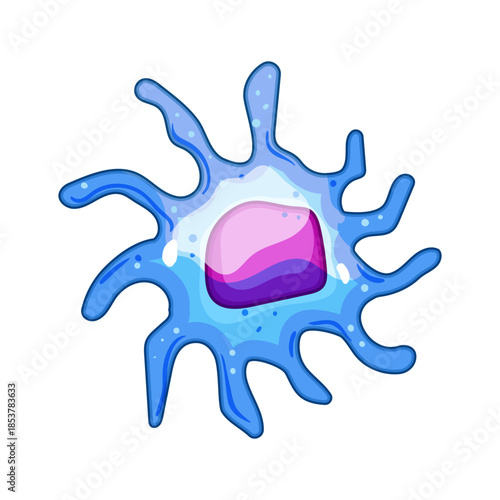 Immune system cell with branching processes and a central nucleus represents biology, medicine, microbiology, and cellular defense against viruses, bacteria, and disease