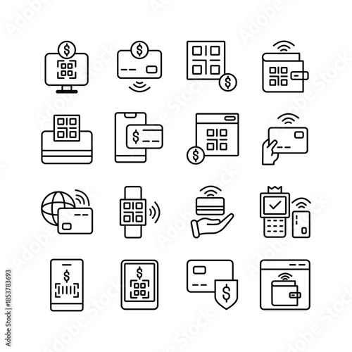 Modern Payment Icon Set for Digital Wallets, QR Codes, and Cashless Transactions
