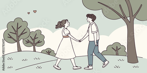 Couple walking hand in hand in a park