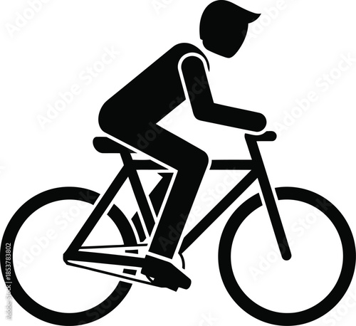 Simple black silhouette of a person riding a bicycle on a white background