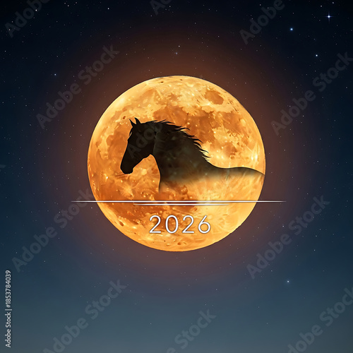 Silhouette of a horse against a full moon with the year 2026 displayed