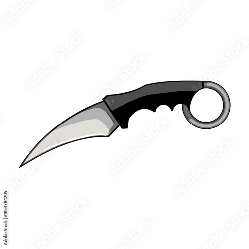 Karambit knife illustration with curved blade and finger ring handle symbolizing danger, self defense, tactical combat, security, close quarters fighting, gaming and martial arts themes