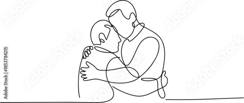 continuous line drawing of adult man hugging father. one line drawing of mature man missing father figure. one line Icon drawing