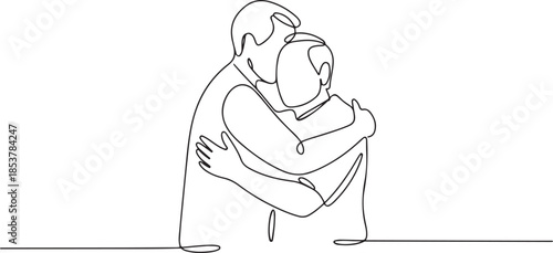 continuous line drawing of adult man hugging father. one line drawing of mature man missing father figure. one line Icon drawing