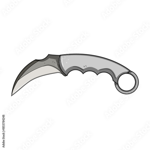 Karambit knife vector illustration showing a tactical curved blade with a finger ring, representing concepts of combat, self defense, survival, and a sharp hidden threat